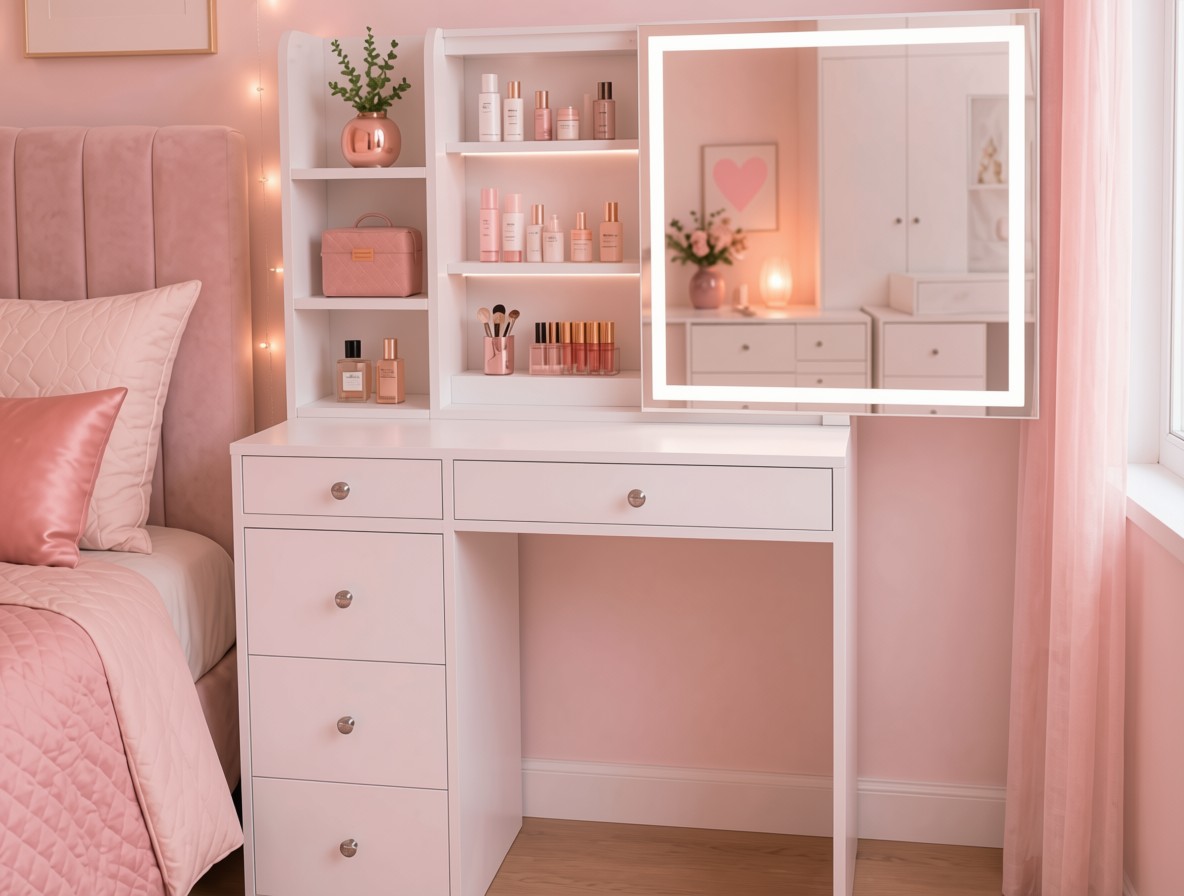 Tocador personalizado blanco en una habitación rosa
